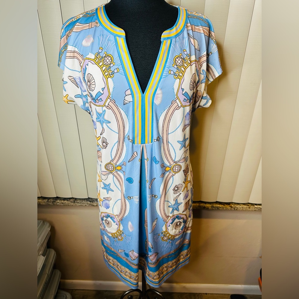 Hale Bob Blue Gold Chain Print Shift Dress Size Medium